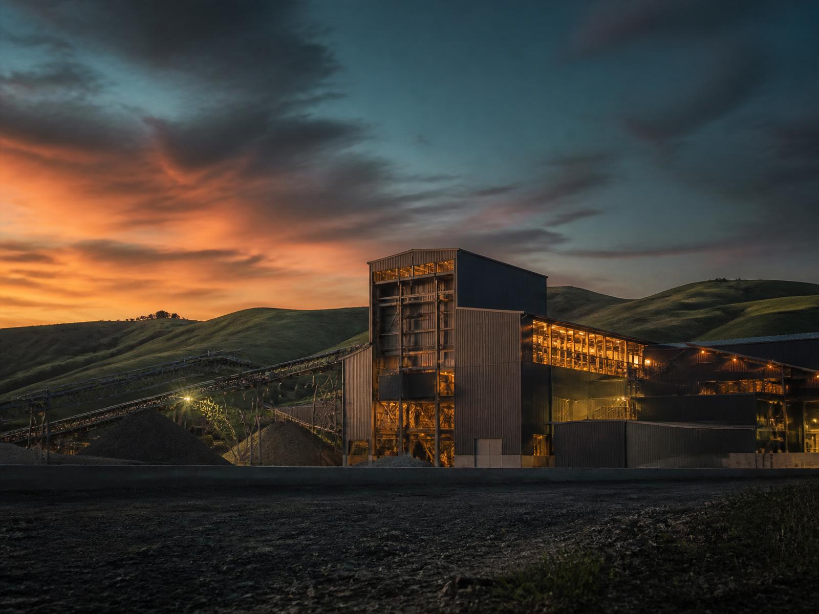 A modern materials recovery facility glowing at dusk in the Northern California hills