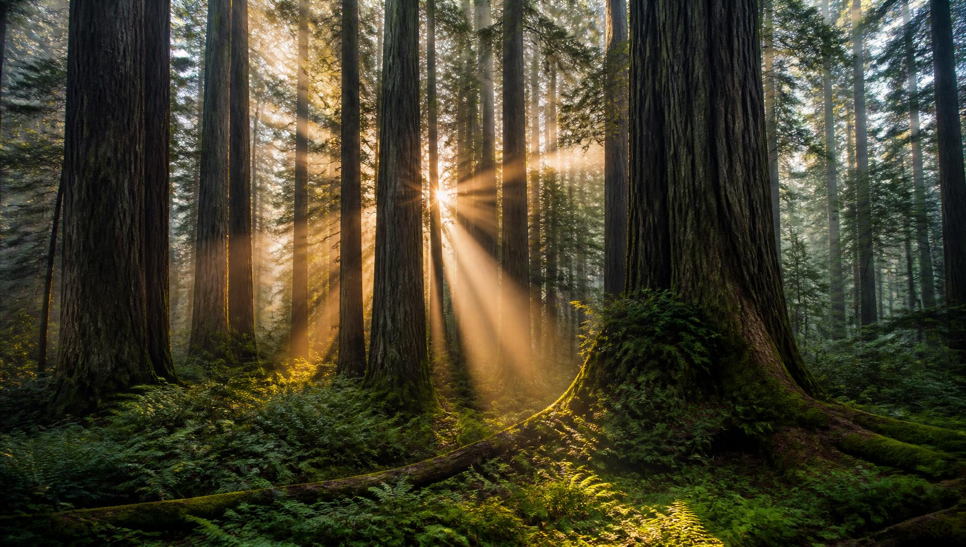 Sunbeams streaming through a Northern California coastal redwood grove at dawn